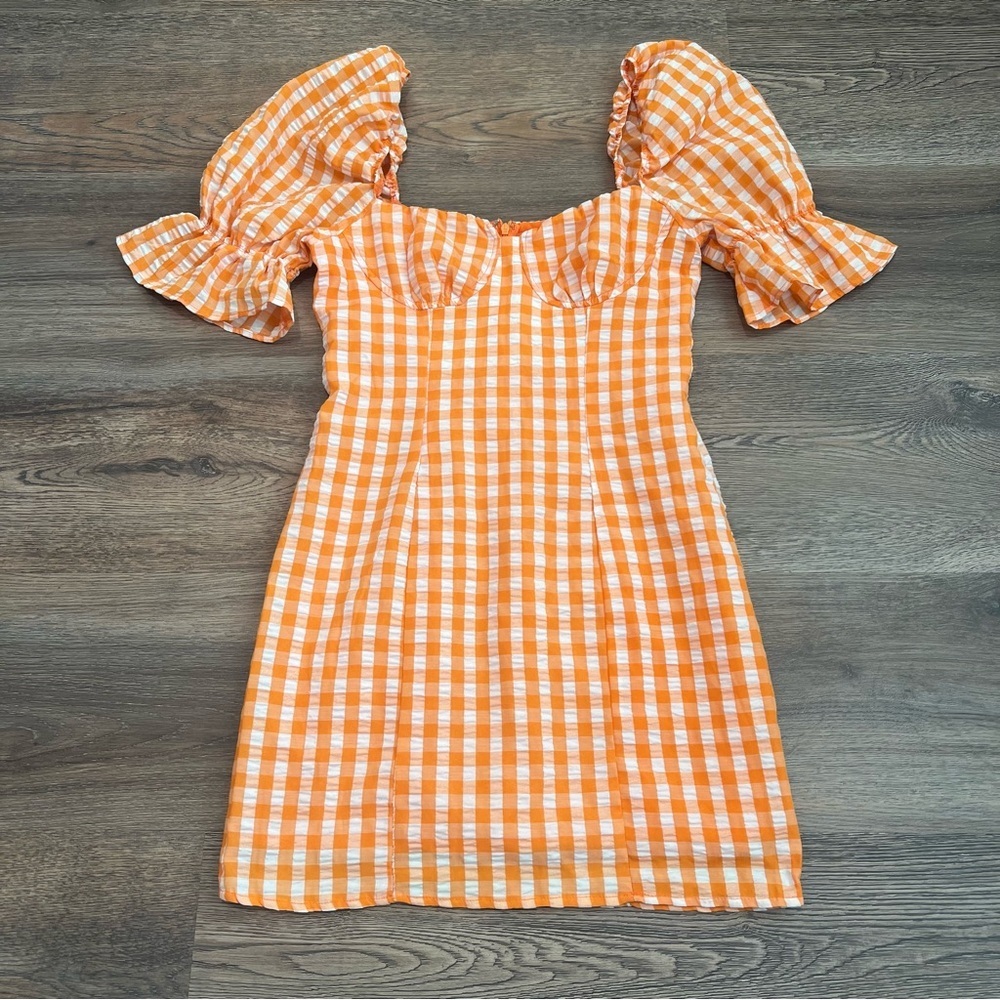 Orange Gingham Puff Sleeve Mini Dress Size Small Sweetheart Neck Boho Summer - Picture 3 of 9